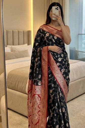 black soft silk blend saree with zari weaving meenakari design