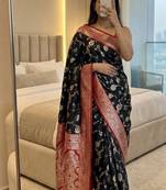 black soft silk blend saree with zari weaving meenakari design