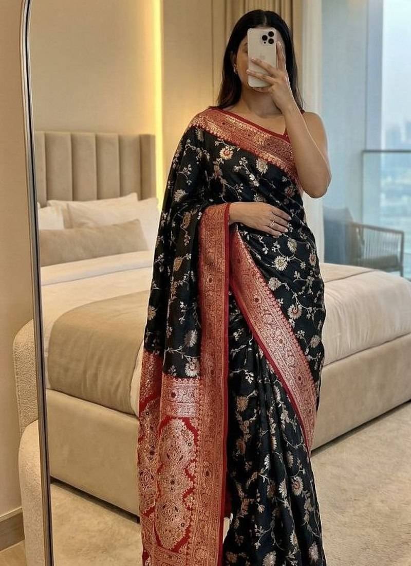 black soft silk blend saree with zari weaving meenakari design