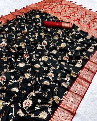 black soft silk blend saree with zari weaving meenakari design 2