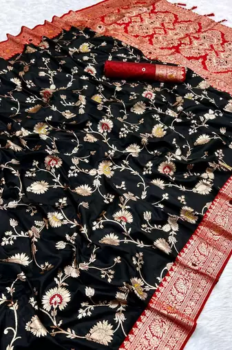 black soft silk blend saree with zari weaving meenakari design