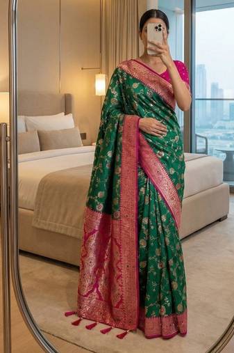 sea green soft silk blend saree with zari weaving meenakari design