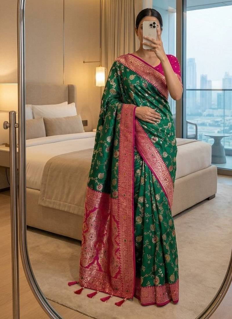 sea green soft silk blend saree with zari weaving meenakari design