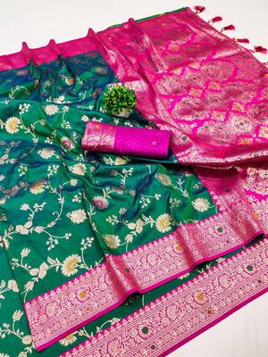 sea green soft silk blend saree with zari weaving meenakari design 3