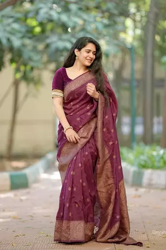 Wine silk blend banarasi jaquard designer saree with blouse