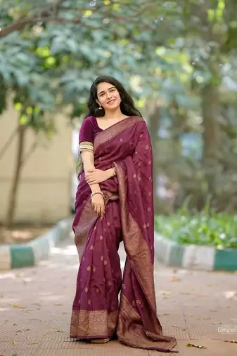 Wine silk blend banarasi jaquard designer saree with blouse