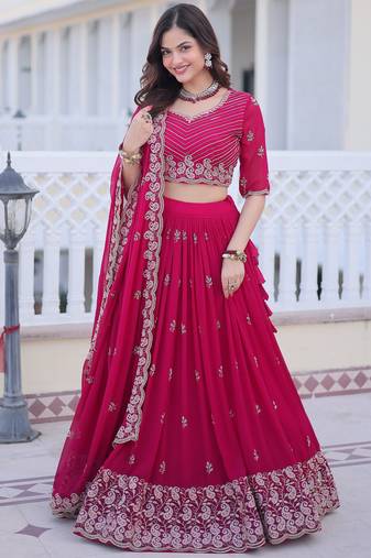 Attractive Rani Pink Sequins Georgette Lehenga Choli With Dupatta