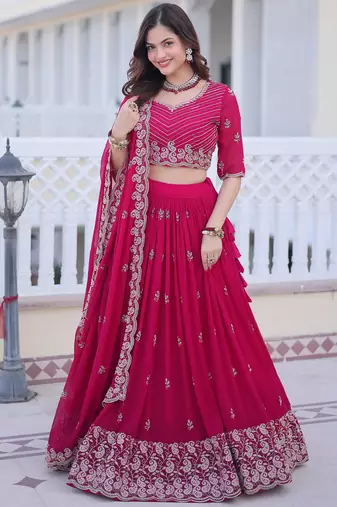 Attractive Rani Pink Sequins Georgette Lehenga Choli With Dupatta