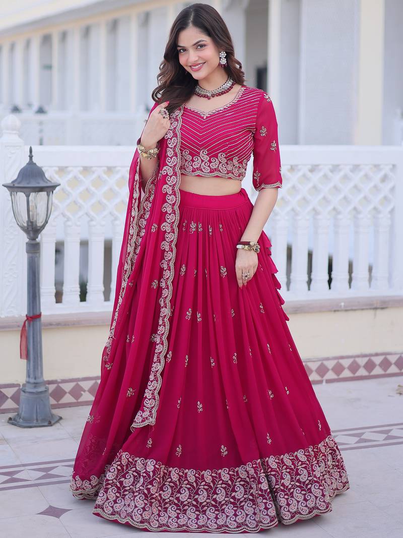 Attractive Rani Pink Sequins Georgette Lehenga Choli With Dupatta