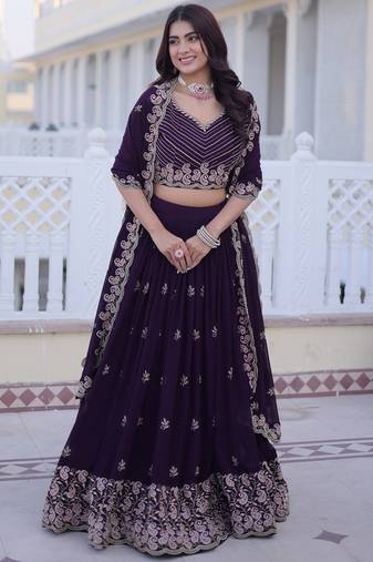 Beautiful Wine Zari Embroidered Georgette Wedding Lehenga Choli