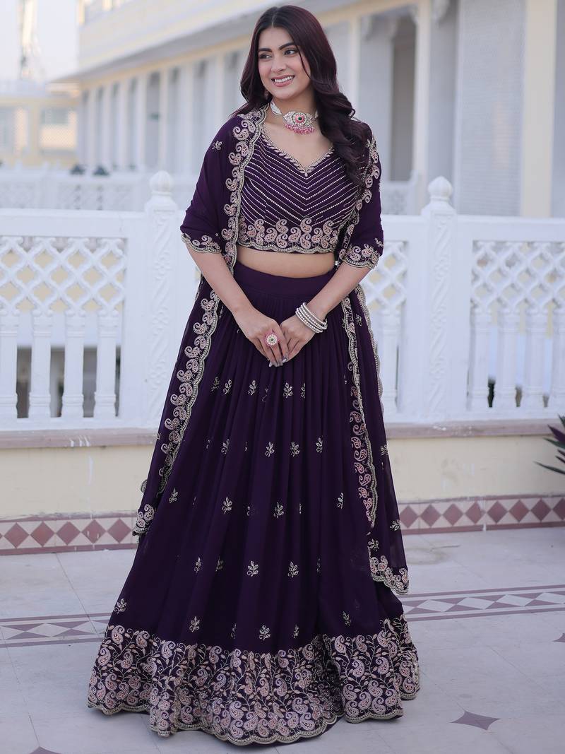 Beautiful Wine Zari Embroidered Georgette Wedding Lehenga Choli