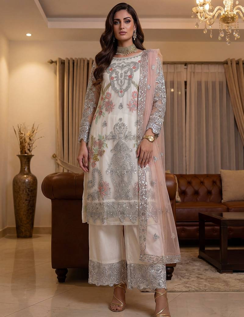 Glorious Off-White Sequins Embroidery Net Festive Special Pant Suit
