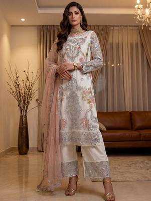 Glorious Off-White Sequins Embroidery Net Festive Special Pant Suit 2