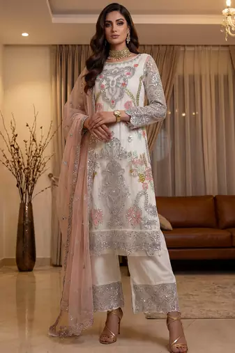 Glorious Off-White Sequins Embroidery Net Festive Special Pant Suit