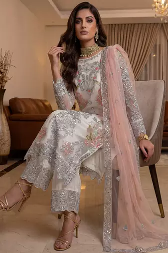 Glorious Off-White Sequins Embroidery Net Festive Special Pant Suit