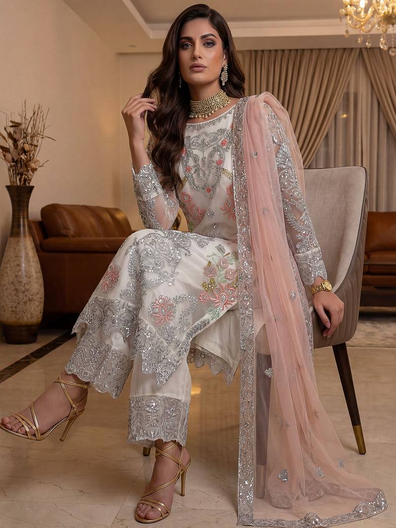 Glorious Off-White Sequins Embroidery Net Festive Special Pant Suit