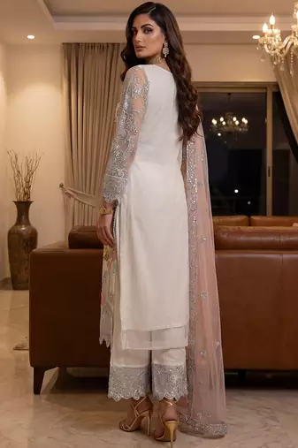 Glorious Off-White Sequins Embroidery Net Festive Special Pant Suit