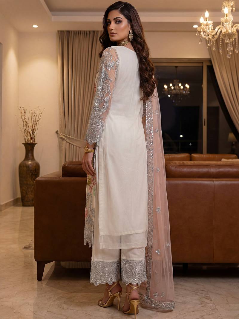 Glorious Off-White Sequins Embroidery Net Festive Special Pant Suit