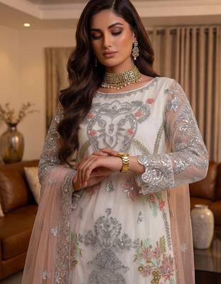 Glorious Off-White Sequins Embroidery Net Festive Special Pant Suit 5