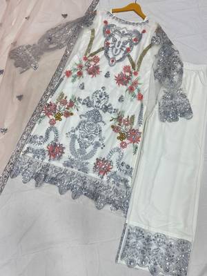 Glorious Off-White Sequins Embroidery Net Festive Special Pant Suit 6