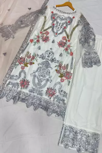 Glorious Off-White Sequins Embroidery Net Festive Special Pant Suit