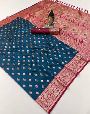 teal blue soft banarasi silk saree with zari weaving meenakari design 2