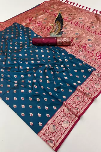 teal blue soft banarasi silk saree with zari weaving meenakari design
