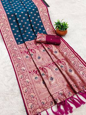 teal blue soft banarasi silk saree with zari weaving meenakari design 3