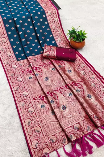 teal blue soft banarasi silk saree with zari weaving meenakari design