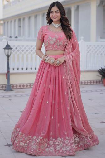 Majestic Pink Zari Embroidery Silk Lehenga Choli With Dupatta