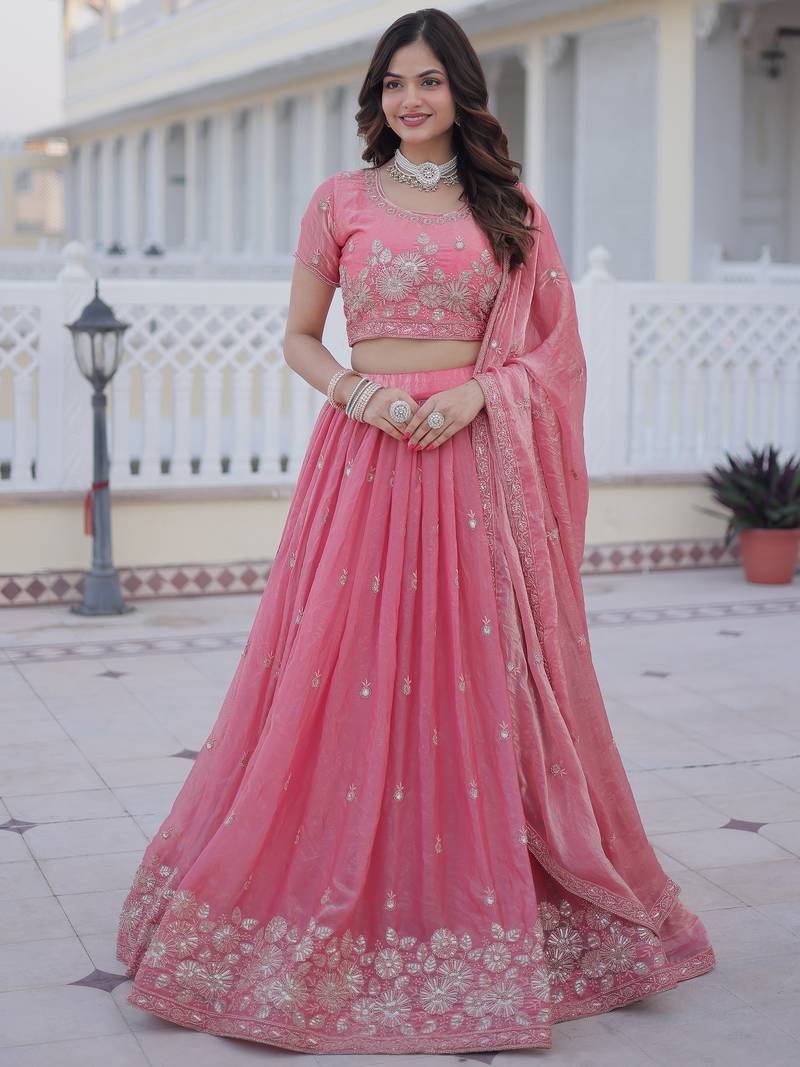 Majestic Pink Zari Embroidery Silk Lehenga Choli With Dupatta