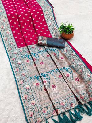 pink soft banarasi silk saree with zari weaving meenakari design 2