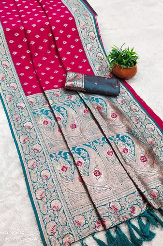 pink soft banarasi silk saree with zari weaving meenakari design