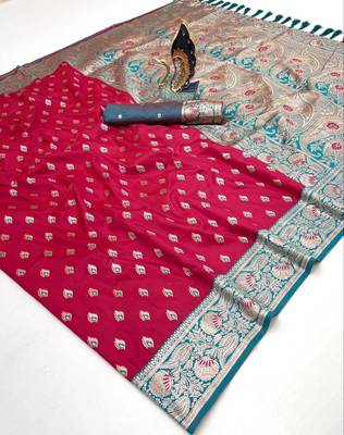 pink soft banarasi silk saree with zari weaving meenakari design 3