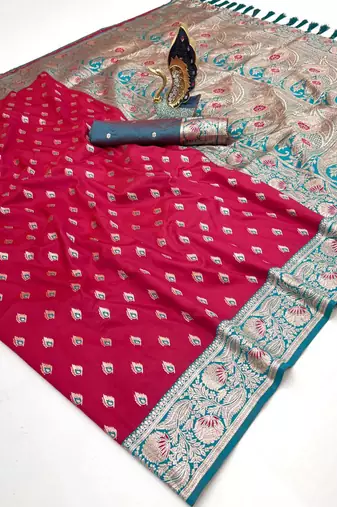 pink soft banarasi silk saree with zari weaving meenakari design