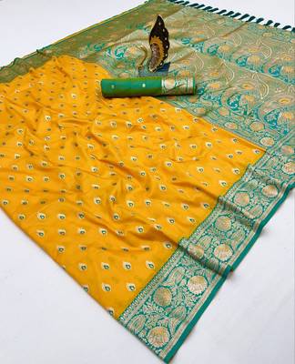 yellow soft banarasi silk saree with zari weaving meenakari design 2