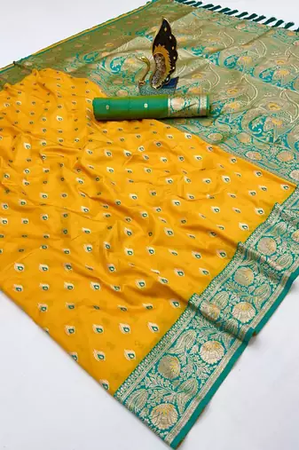 yellow soft banarasi silk saree with zari weaving meenakari design