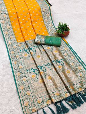 yellow soft banarasi silk saree with zari weaving meenakari design 3