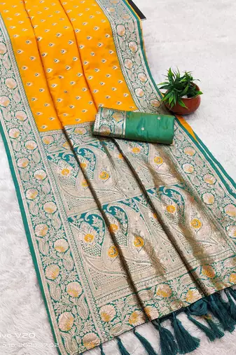 yellow soft banarasi silk saree with zari weaving meenakari design
