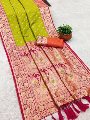 parrot green soft banarasi silk saree with zari weaving meenakari design 2