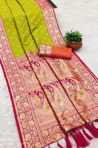 parrot green soft banarasi silk saree with zari weaving meenakari design
