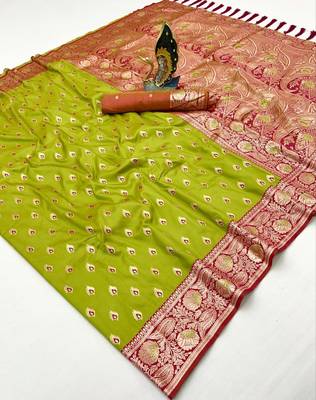 parrot green soft banarasi silk saree with zari weaving meenakari design 3