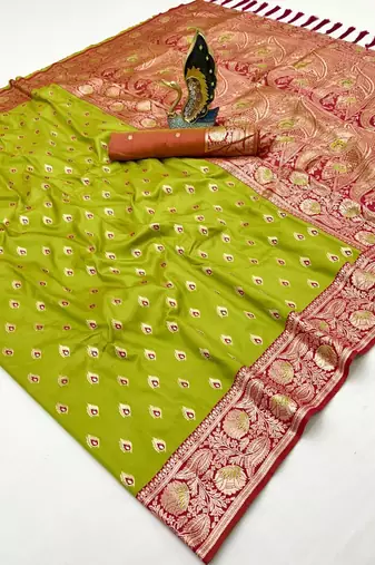 parrot green soft banarasi silk saree with zari weaving meenakari design