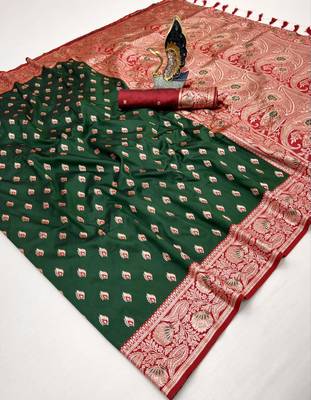 green soft banarasi silk saree with zari weaving meenakari design 2