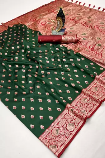 green soft banarasi silk saree with zari weaving meenakari design