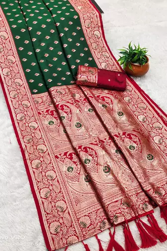 green soft banarasi silk saree with zari weaving meenakari design