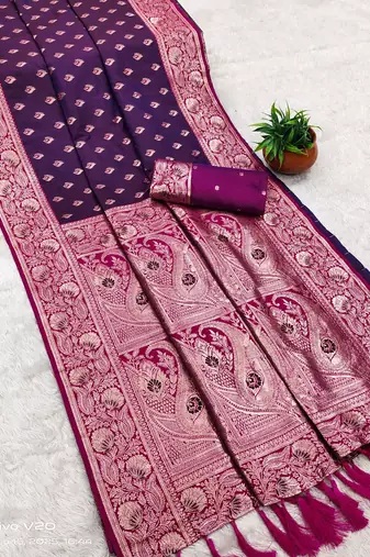 wine soft banarasi silk saree with zari weaving meenakari design