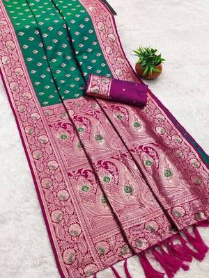 sea green soft banarasi silk saree with zari weaving meenakari design 2