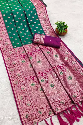 sea green soft banarasi silk saree with zari weaving meenakari design
