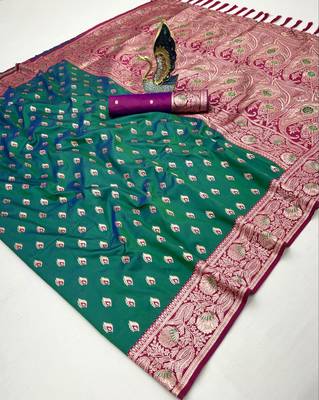 sea green soft banarasi silk saree with zari weaving meenakari design 3